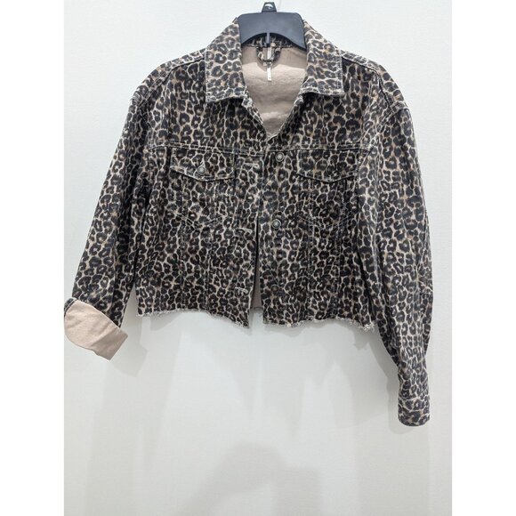 Free People Womens Sz XS Denim Jean Jacket Cheetah Print Raw Hem Cropped - Picture 1 of 9